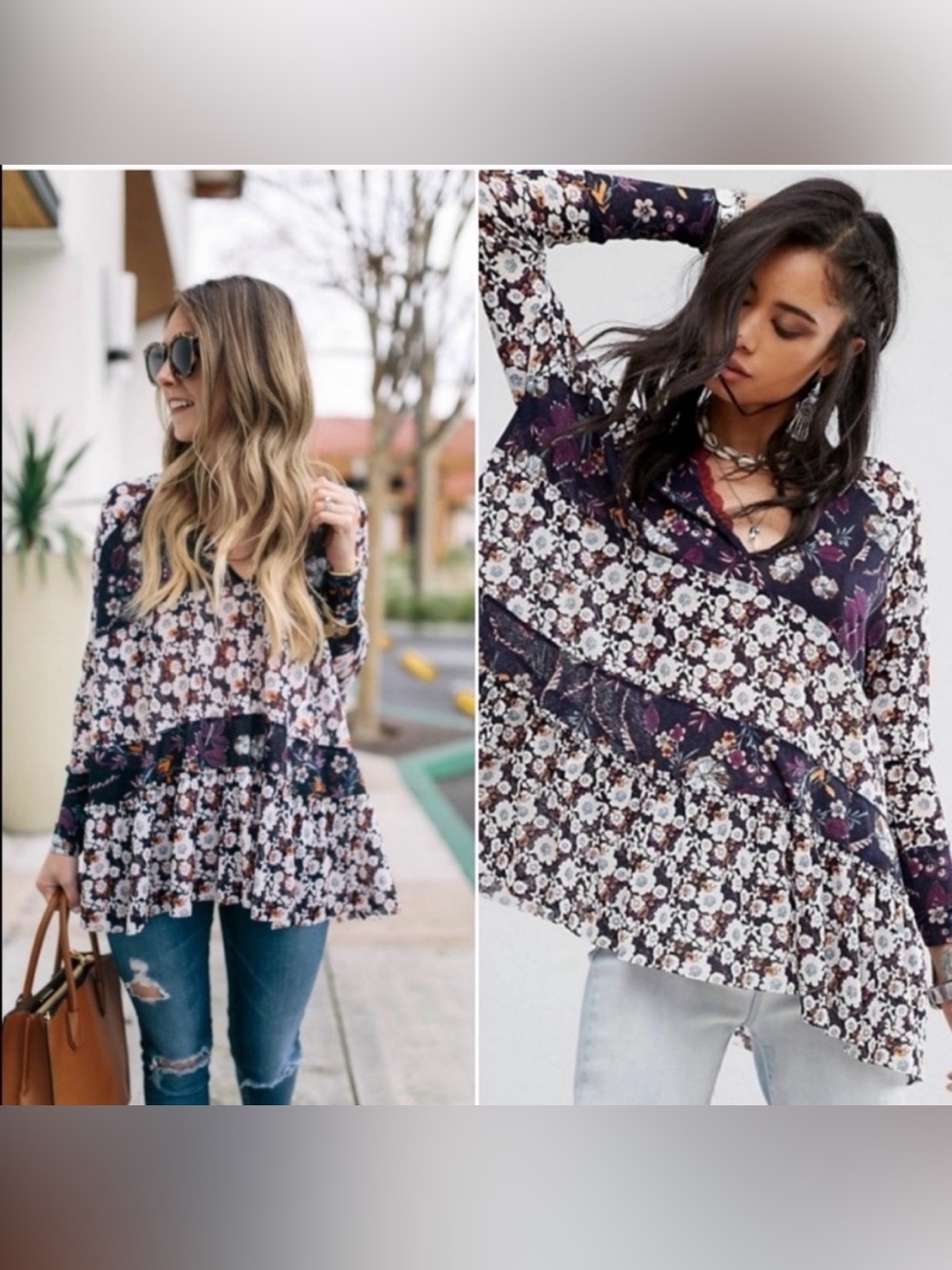 Free People Navy Floral Patchwork Peplum Tunic